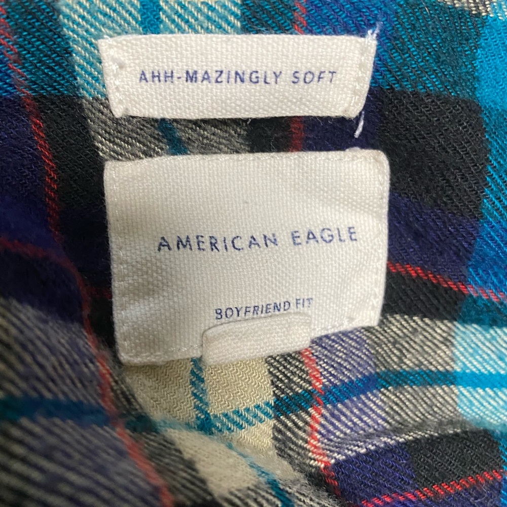 boyfriend fit AE flannel turquoise/navy blue